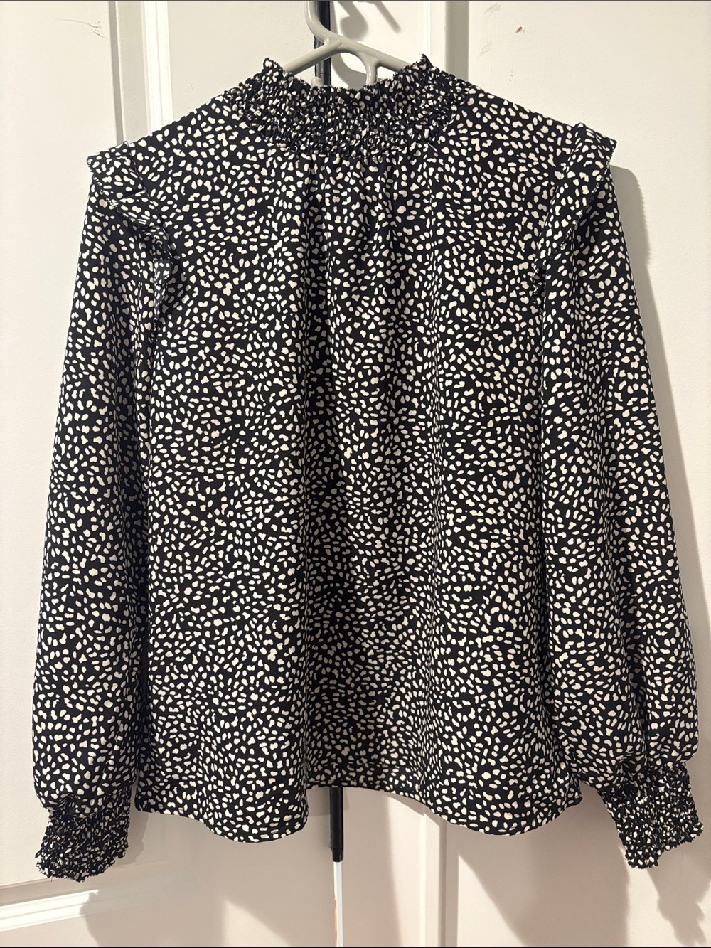 Sanctuary Black and White Smocked Neck Printed Long Sleeve Blouse